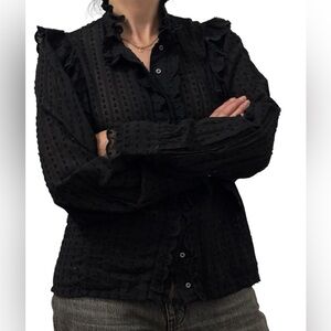 Isabel Marant Etoile Women’s Cotton Ruffle Button Up Blouse Top Black Size 38